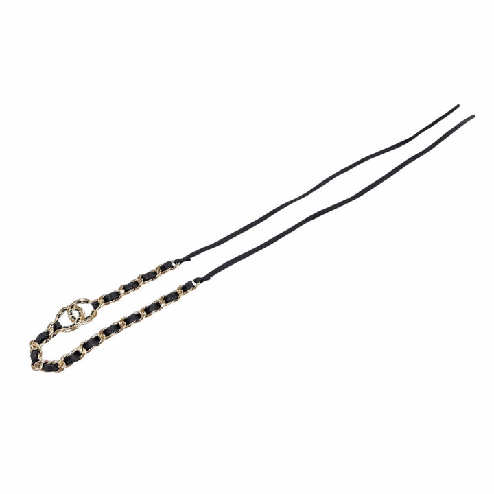 極美品☆CHANEL シャネル AB7846 B22P メタル ココマーク チェーン レザー使い ヘアバンド ヘアアクセサリー ブラック ゴールド 箱付き