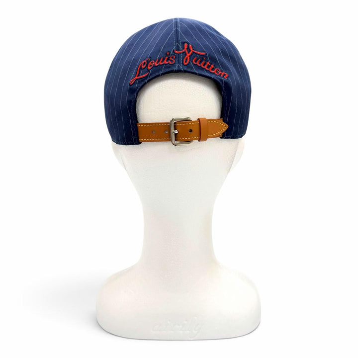 極美品▼LOUIS VUITTON ルイヴィトン M7007L LVバーシティ レザー使い ストライプ柄 帽子 ベースボールキャップ ネイビー 伊製 メンズ