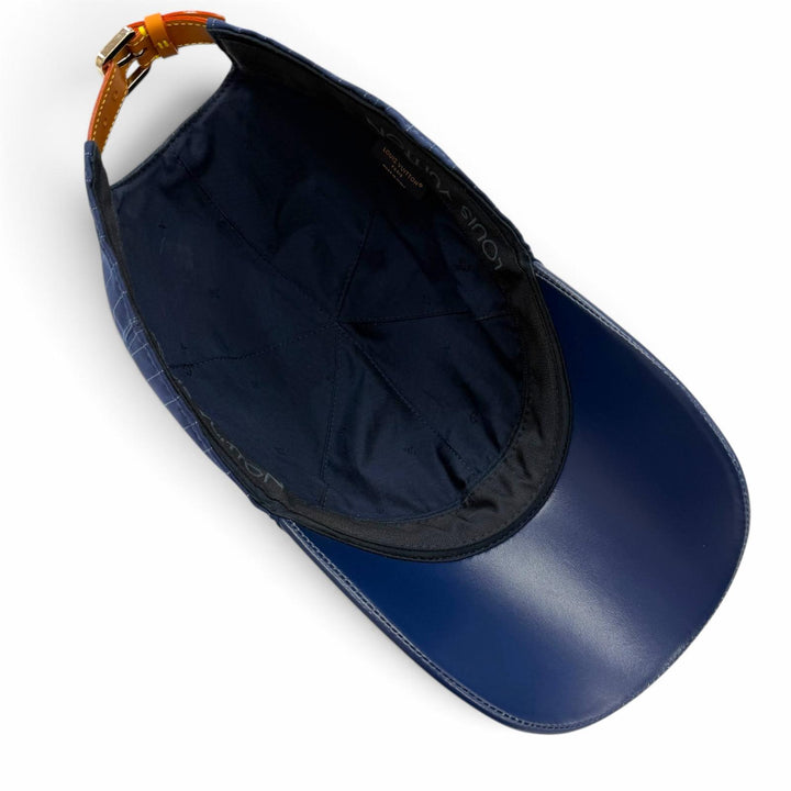 極美品▼LOUIS VUITTON ルイヴィトン M7007L LVバーシティ レザー使い ストライプ柄 帽子 ベースボールキャップ ネイビー 伊製 メンズ