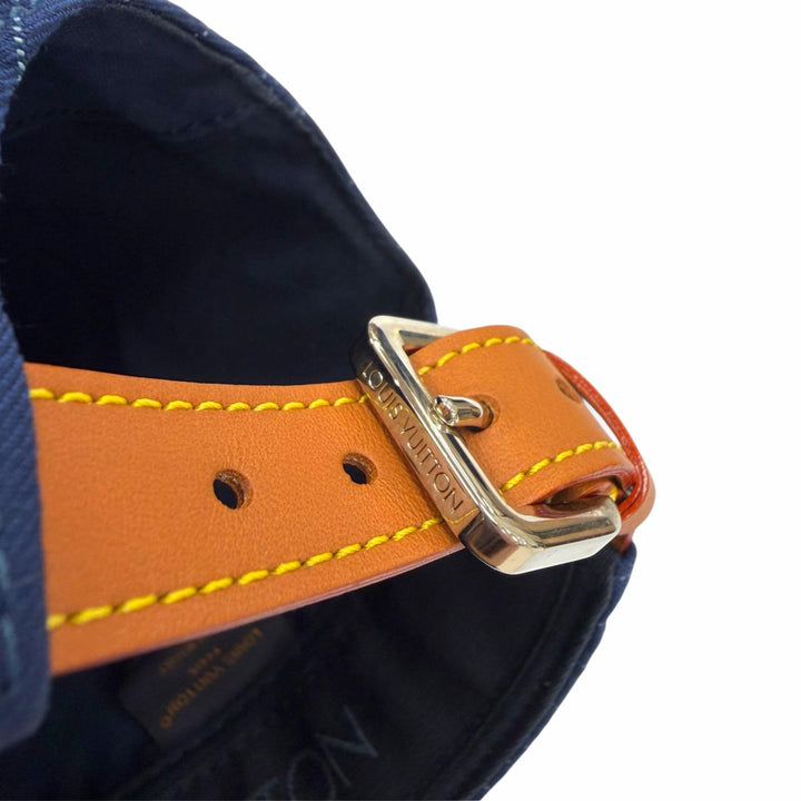 極美品▼LOUIS VUITTON ルイヴィトン M7007L LVバーシティ レザー使い ストライプ柄 帽子 ベースボールキャップ ネイビー 伊製 メンズ