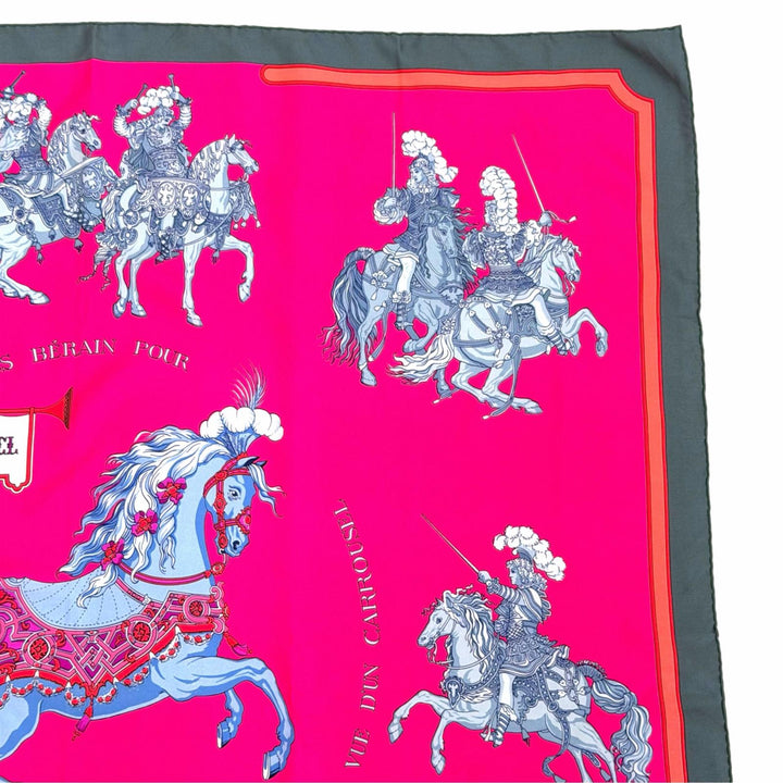極美品△HERMES エルメス CARROUSEL メリーゴーランド シルク100% カレ90 スカーフ ピンク グレー系 マルチカラー フランス製 レディース
