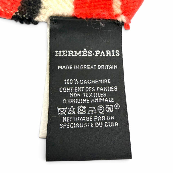 極美品△HERMES エルメス カシミヤ100％ ロゴレザーパッチ チェック柄 フリンジ 大判 ショール ブランケット レッド系 イギリス製 正規品
