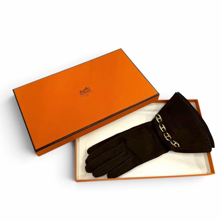 美品☆HERMES エルメス ゴールド金具 シェーヌダンクル スウェードレザー グローブ 手袋 ダークブラウン 6 フランス製 レディース 箱付き
