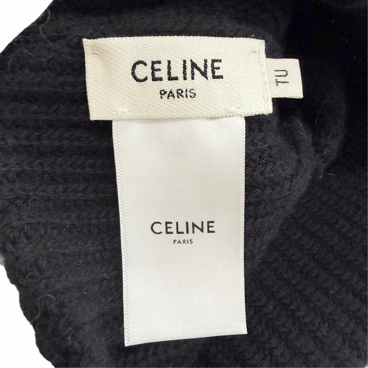 極美品△CELINE セリーヌ 2AG50378U ウール100％ Cロゴ ニット帽 ニットキャップ ビーニー ブラック ホワイト 正規品 レディース メンズ