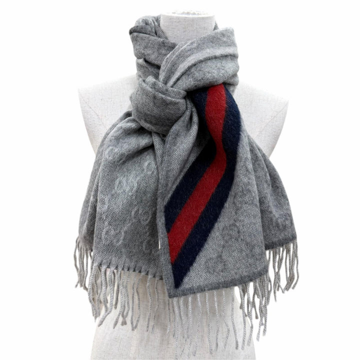 極美品☆GUCCI グッチ 570603 ウール アルパカ GG柄 ウェブライン フリンジ付 マフラー グレー 37×190cm イタリア製 正規品 レディース
