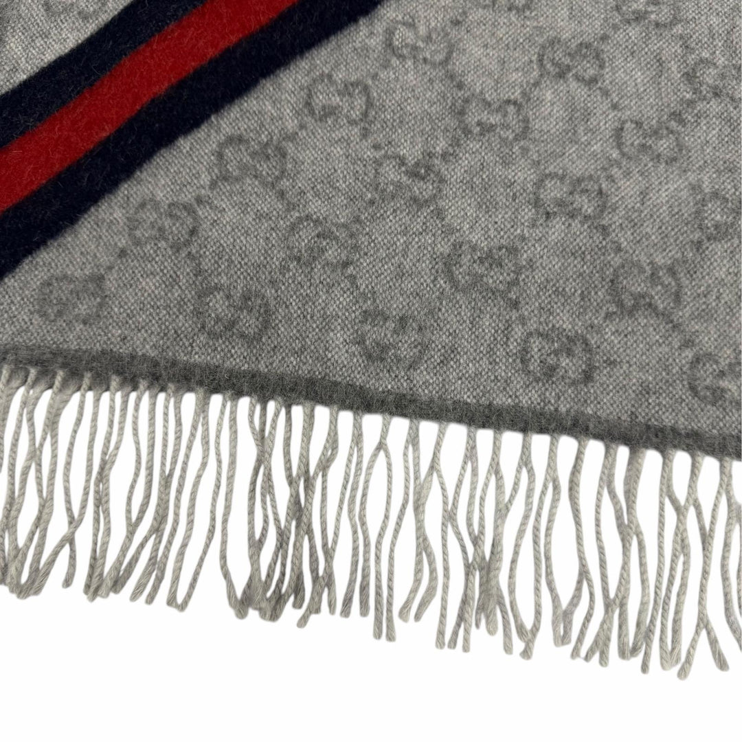極美品☆GUCCI グッチ 570603 ウール アルパカ GG柄 ウェブライン フリンジ付 マフラー グレー 37×190cm イタリア製 正規品 レディース