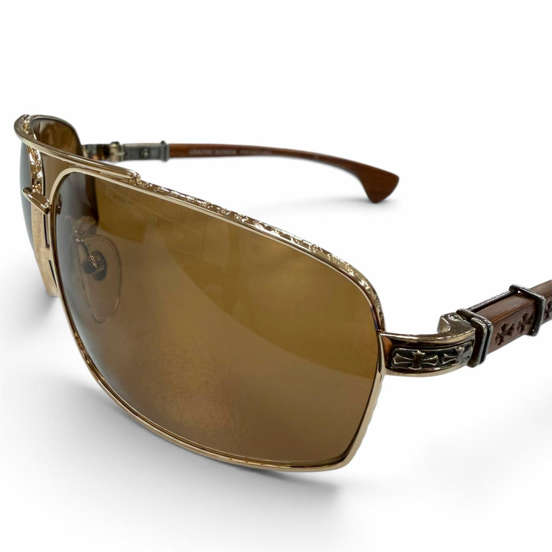 美品▼CHROME HEARTS クロムハーツ THE BEAST 3 925 ウッドテンプル アイウェア サングラス ゴールド ブラウン 度なし 重量39.09g メンズ