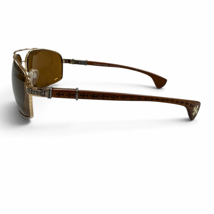 美品▼CHROME HEARTS クロムハーツ THE BEAST 3 925 ウッドテンプル アイウェア サングラス ゴールド ブラウン 度なし 重量39.09g メンズ