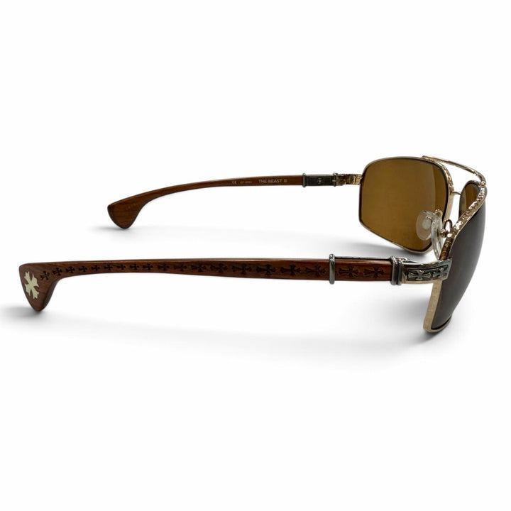 美品▼CHROME HEARTS クロムハーツ THE BEAST 3 925 ウッドテンプル アイウェア サングラス ゴールド ブラウン 度なし 重量39.09g メンズ