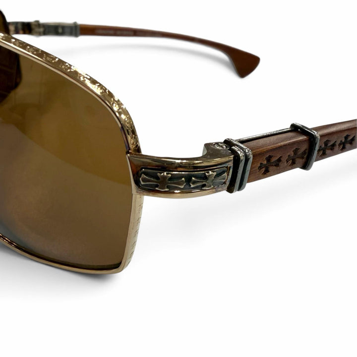 美品▼CHROME HEARTS クロムハーツ THE BEAST 3 925 ウッドテンプル アイウェア サングラス ゴールド ブラウン 度なし 重量39.09g メンズ