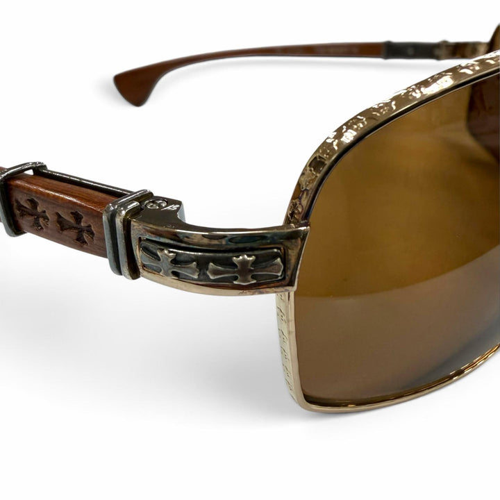 美品▼CHROME HEARTS クロムハーツ THE BEAST 3 925 ウッドテンプル アイウェア サングラス ゴールド ブラウン 度なし 重量39.09g メンズ