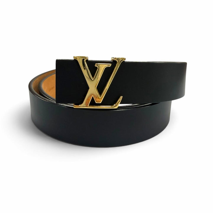 美品▼LOUIS VUITTON ルイヴィトン M6901V サンチュール イニシャル LV レザーベルト ブラック ゴールド金具 85/34 スペイン製 箱付き