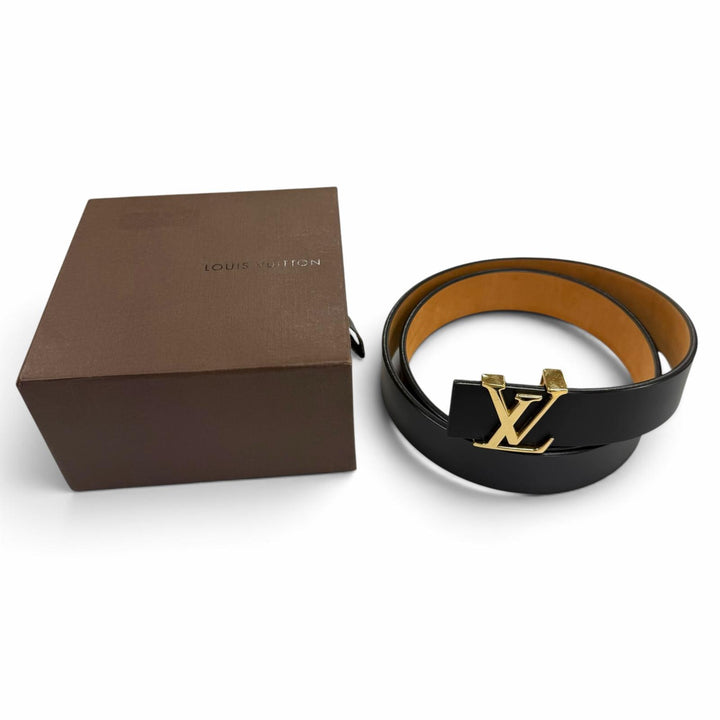 美品▼LOUIS VUITTON ルイヴィトン M6901V サンチュール イニシャル LV レザーベルト ブラック ゴールド金具 85/34 スペイン製 箱付き