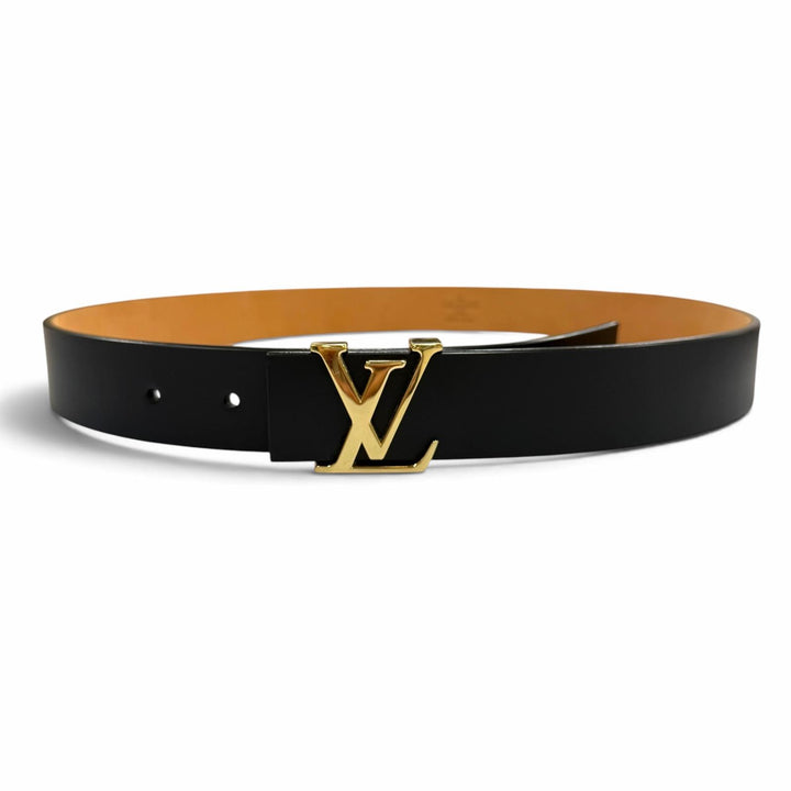 美品▼LOUIS VUITTON ルイヴィトン M6901V サンチュール イニシャル LV レザーベルト ブラック ゴールド金具 85/34 スペイン製 箱付き