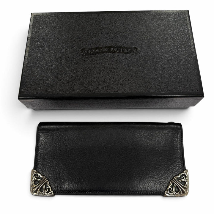 美品▼CHROME HEARTS クロムハーツ LNG SNGL FLD TIPS シングルフォールドウォレット レザー 925 二つ折り 長財布 ブラック シルバー 箱付