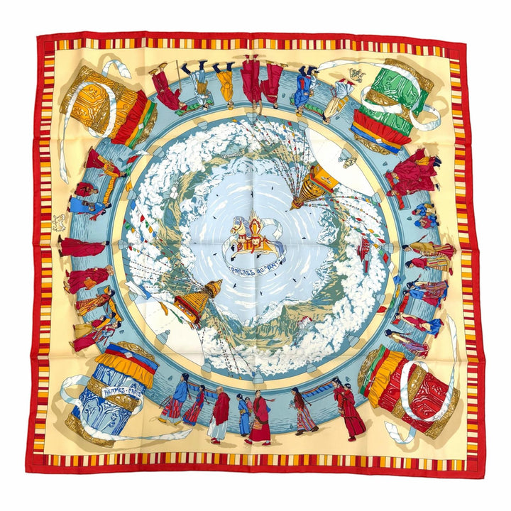 極美品△HERMES エルメス PRIERES AU VENT 風の中の祈り シルク100％ カレ90 スカーフ レッド系 マルチカラー フランス製 レディース