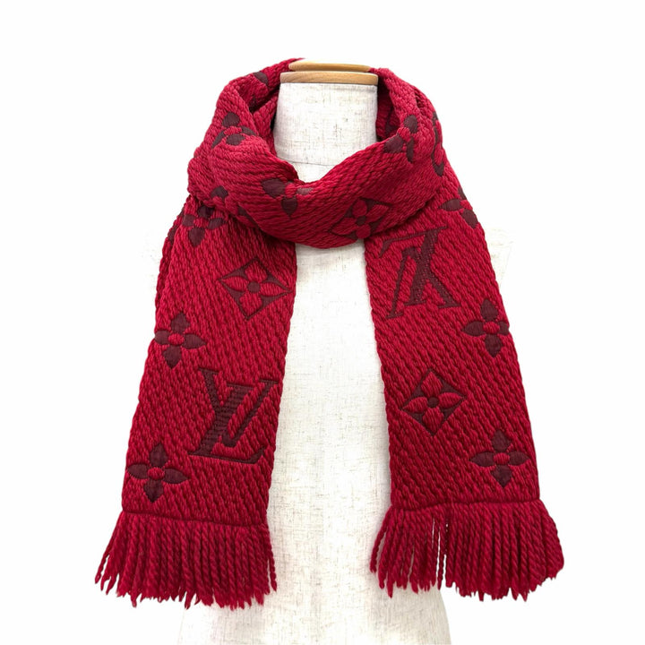 美品△LOUIS VUITTON ルイヴィトン 413287 エシャルプ ロゴマニア ウール シルク ルビー モノグラム フリンジ マフラー 伊製 レディース
