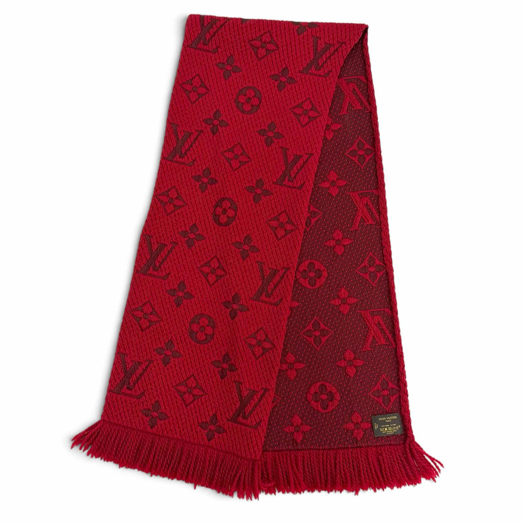 美品△LOUIS VUITTON ルイヴィトン 413287 エシャルプ ロゴマニア ウール シルク ルビー モノグラム フリンジ マフラー 伊製 レディース