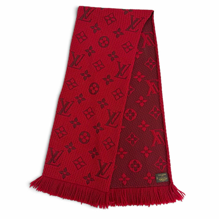 美品△LOUIS VUITTON ルイヴィトン 413287 エシャルプ ロゴマニア ウール シルク ルビー モノグラム フリンジ マフラー 伊製 レディース