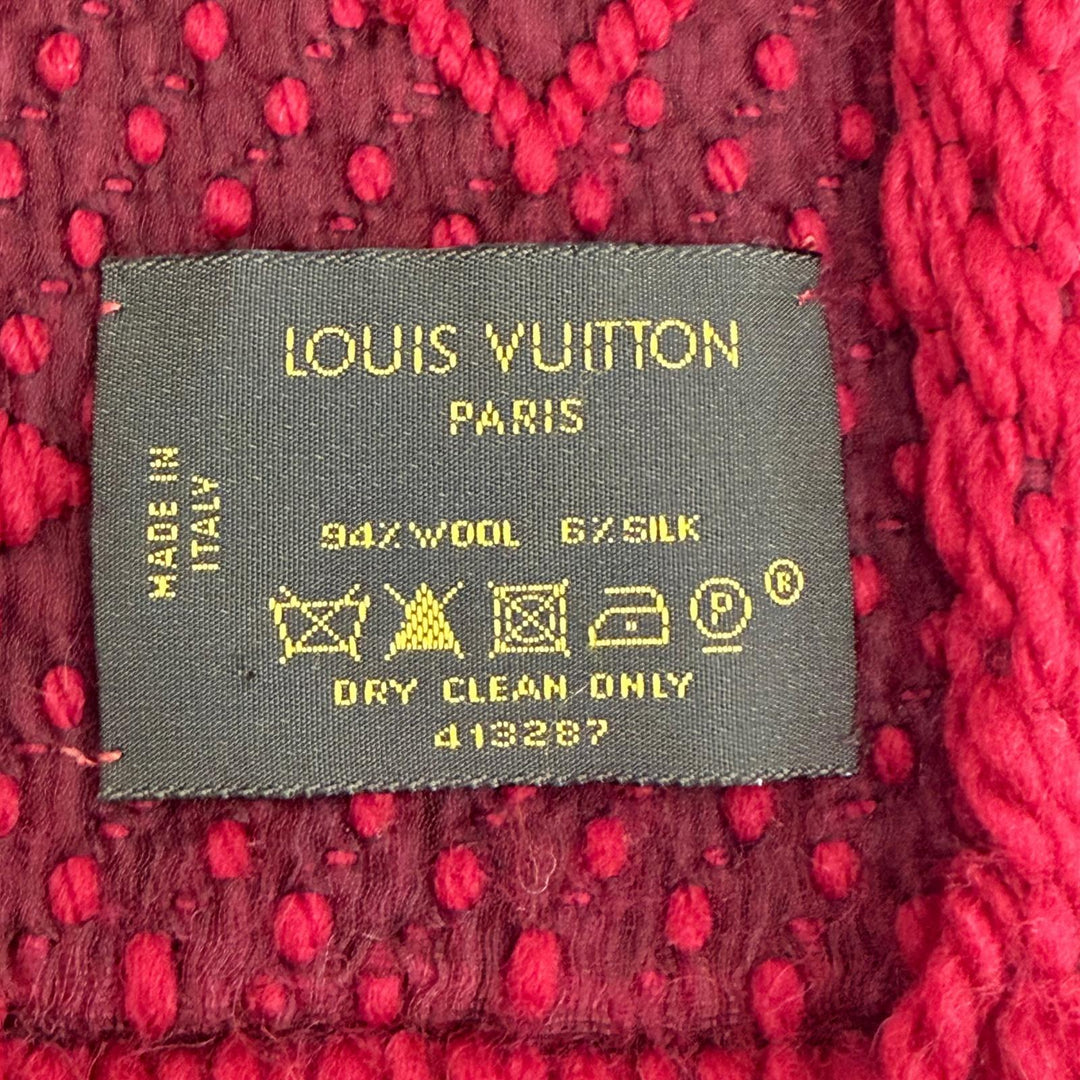 美品△LOUIS VUITTON ルイヴィトン 413287 エシャルプ ロゴマニア ウール シルク ルビー モノグラム フリンジ マフラー 伊製 レディース