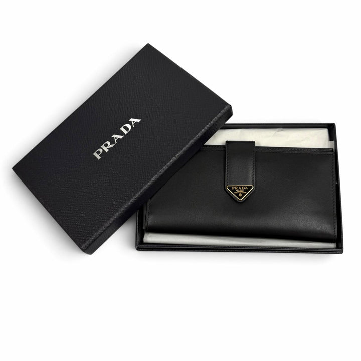 極美品★PRADA プラダ 1MV025 トライアングルロゴ シティカーフ タブ ロングウォレット 長財布 ブラック イタリア製 レディース 箱付き