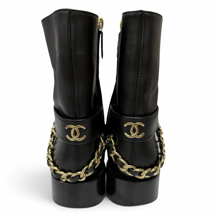 美品☆CHANEL シャネル G39170 ココマーク チェーン装飾 サイドZIP レザー ショートブーツ ブラック ゴールド金具 36 イタリア製