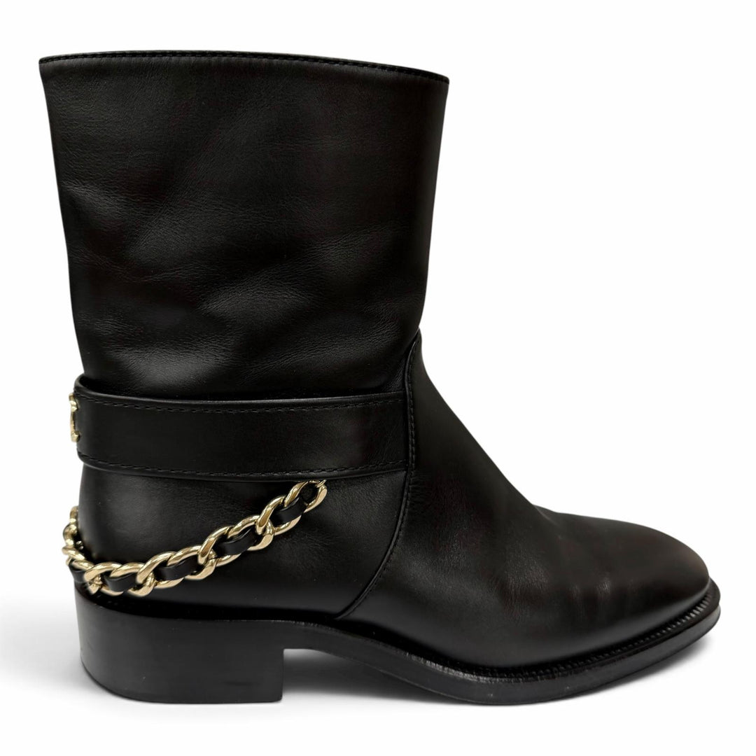 美品☆CHANEL シャネル G39170 ココマーク チェーン装飾 サイドZIP レザー ショートブーツ ブラック ゴールド金具 36 イタリア製