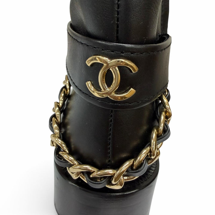美品☆CHANEL シャネル G39170 ココマーク チェーン装飾 サイドZIP レザー ショートブーツ ブラック ゴールド金具 36 イタリア製