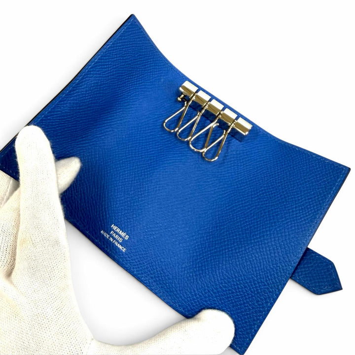 未使用品★HERMES エルメス ベアン ヴォーエプソン ブルージェリージュ シルバー金具 H金具付き 4連 キーケース C刻印 フランス製 箱付き