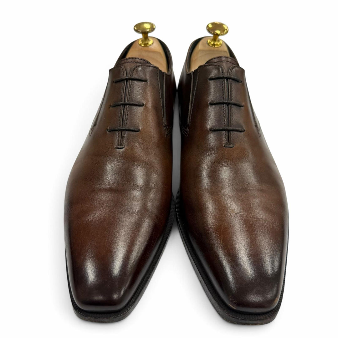 美品▼BERLUTI ベルルッティ 2020年製 スクリット カリグラフィ スリッポン レザーシューズ ブラウン 7.5 イタリア製 メンズ 保存袋付き