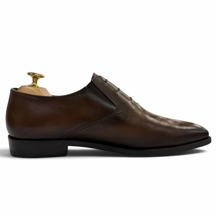 美品▼BERLUTI ベルルッティ 2020年製 スクリット カリグラフィ スリッポン レザーシューズ ブラウン 7.5 イタリア製 メンズ 保存袋付き