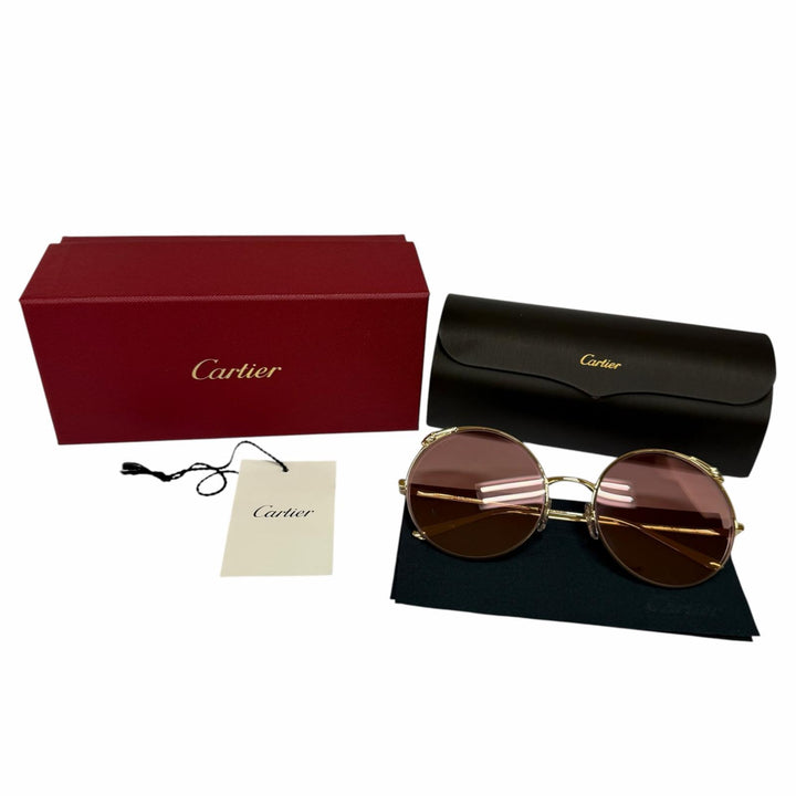 未使用品☆Cartier カルティエ CT0149S パンテール ラウンド ハーフリム サングラス ゴールド ピンク 60□20 デモレンズ イタリア製 箱付