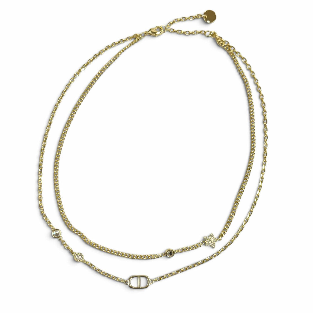 極美品★DIOR ディオール Petit CD ダブル ネックレス ラインストーン スターチャーム ペンダント アクセサリー ゴールド レディース