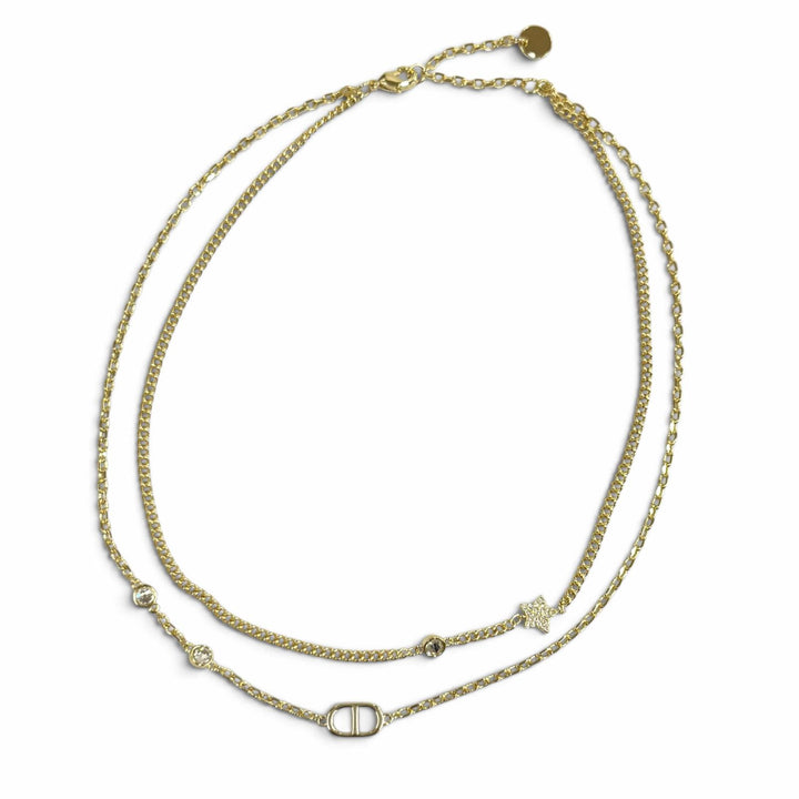 極美品★DIOR ディオール Petit CD ダブル ネックレス ラインストーン スターチャーム ペンダント アクセサリー ゴールド レディース
