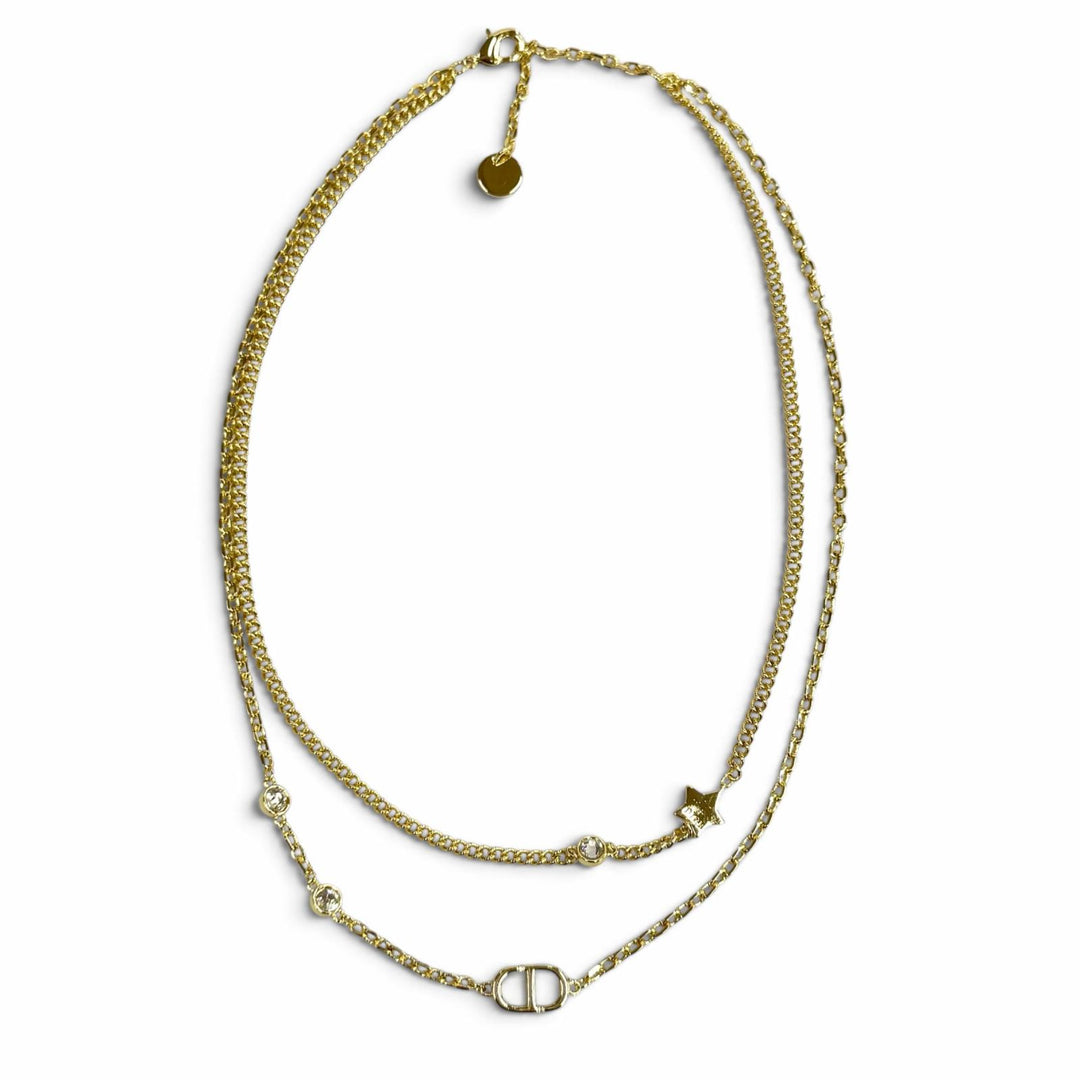 極美品★DIOR ディオール Petit CD ダブル ネックレス ラインストーン スターチャーム ペンダント アクセサリー ゴールド レディース