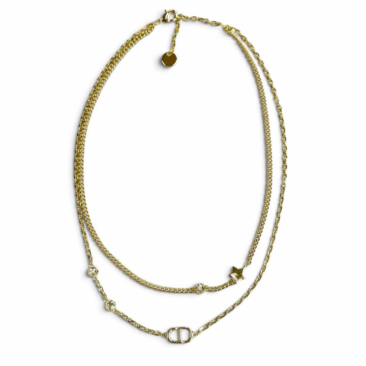 極美品★DIOR ディオール Petit CD ダブル ネックレス ラインストーン スターチャーム ペンダント アクセサリー ゴールド レディース