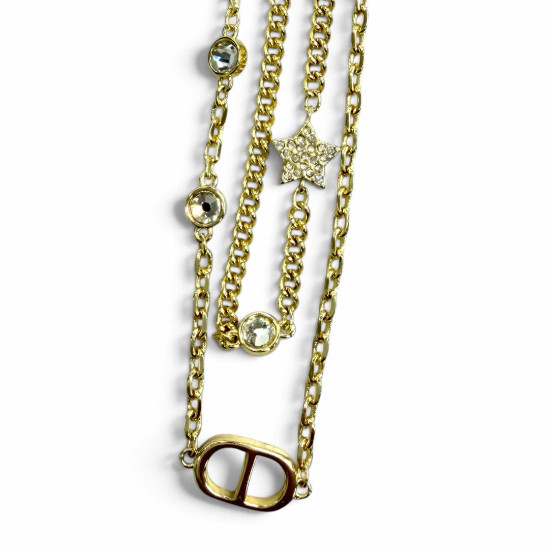 極美品★DIOR ディオール Petit CD ダブル ネックレス ラインストーン スターチャーム ペンダント アクセサリー ゴールド レディース