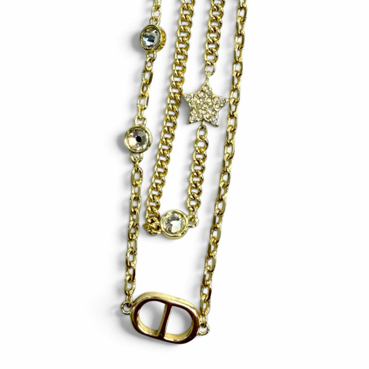 極美品★DIOR ディオール Petit CD ダブル ネックレス ラインストーン スターチャーム ペンダント アクセサリー ゴールド レディース