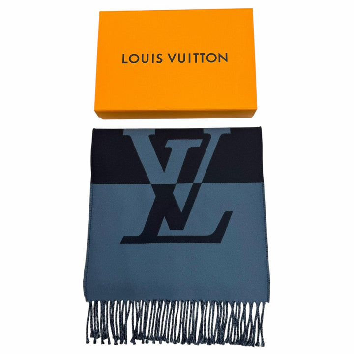 美品▼LOUIS VUITTON ルイヴィトン 2024年製 M78399 マフラー グラフィック デュアル ウール カシミヤ フリンジ ネイビー 正規品 メンズ