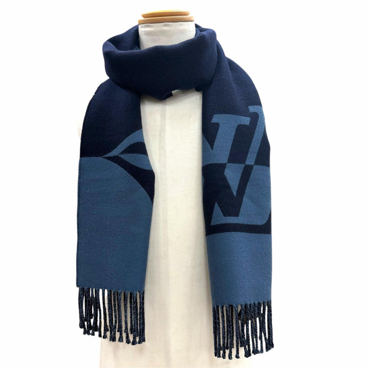 美品▼LOUIS VUITTON ルイヴィトン 2024年製 M78399 マフラー グラフィック デュアル ウール カシミヤ フリンジ ネイビー 正規品 メンズ