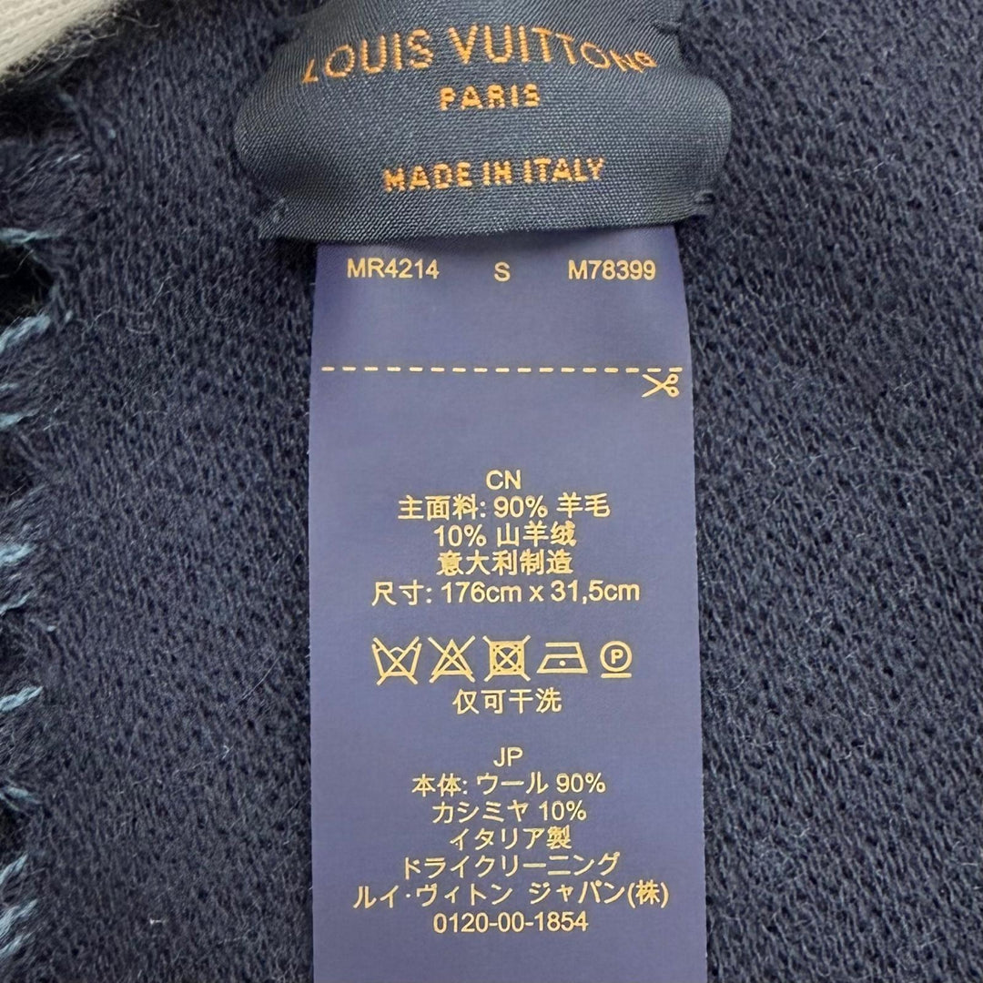 美品▼LOUIS VUITTON ルイヴィトン 2024年製 M78399 マフラー グラフィック デュアル ウール カシミヤ フリンジ ネイビー 正規品 メンズ