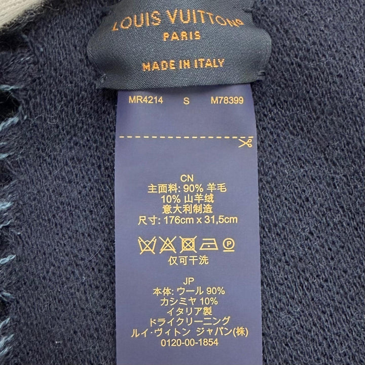 美品▼LOUIS VUITTON ルイヴィトン 2024年製 M78399 マフラー グラフィック デュアル ウール カシミヤ フリンジ ネイビー 正規品 メンズ