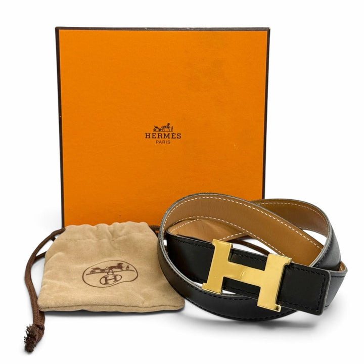 美品△HERMES エルメス ヴィンテージ ゴールド金具 マルジェラ期 ミニコンスタンス H リバーシブル レザー ベルト 黒 茶色 65 □A刻印