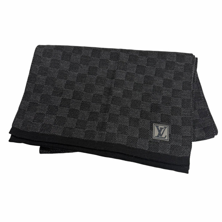 美品□LOUIS VUITTON ルイヴィトン M70028 エシャルプ・プティダミエ ウール100% LVロゴワッペン マフラー ブラック イタリア製 メンズ