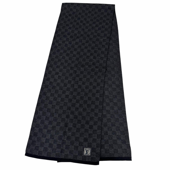 美品□LOUIS VUITTON ルイヴィトン M70028 エシャルプ・プティダミエ ウール100% LVロゴワッペン マフラー ブラック イタリア製 メンズ