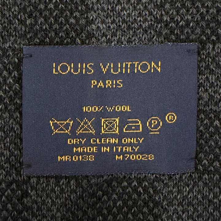 美品□LOUIS VUITTON ルイヴィトン M70028 エシャルプ・プティダミエ ウール100% LVロゴワッペン マフラー ブラック イタリア製 メンズ