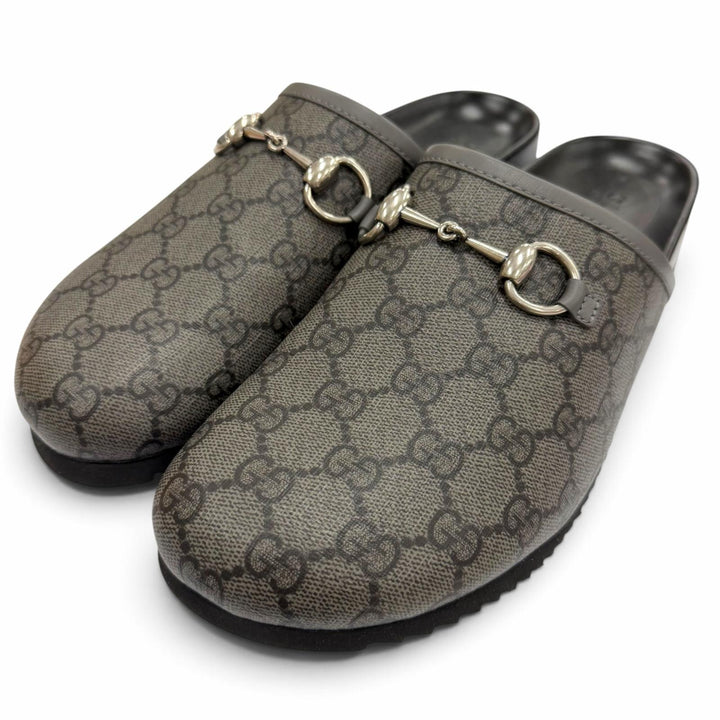 未使用品▼GUCCI グッチ 738964 GGスプリームキャンバス レザー ホースビット ミュール サンダル グレー 7 イタリア製 メンズ 箱付き