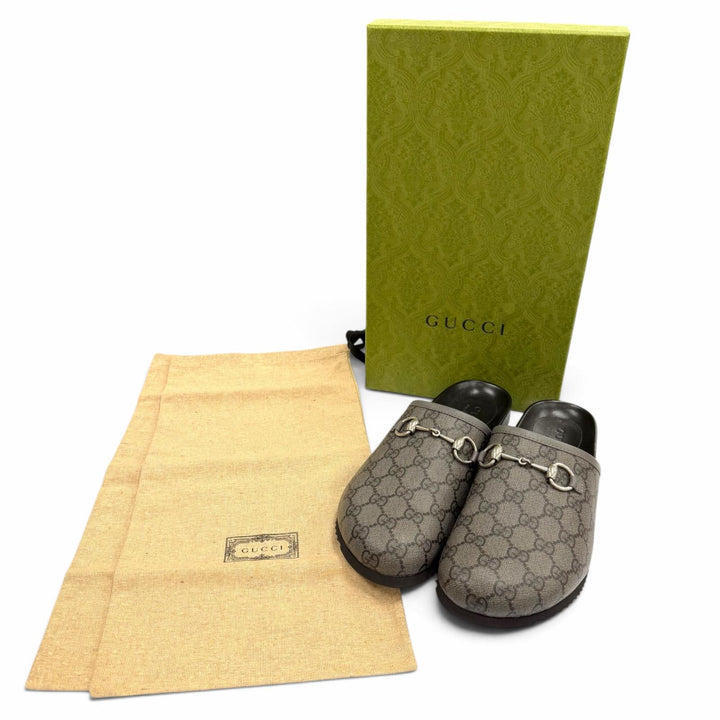 未使用品▼GUCCI グッチ 738964 GGスプリームキャンバス レザー ホースビット ミュール サンダル グレー 7 イタリア製 メンズ 箱付き