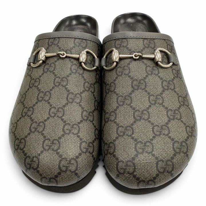 未使用品▼GUCCI グッチ 738964 GGスプリームキャンバス レザー ホースビット ミュール サンダル グレー 7 イタリア製 メンズ 箱付き