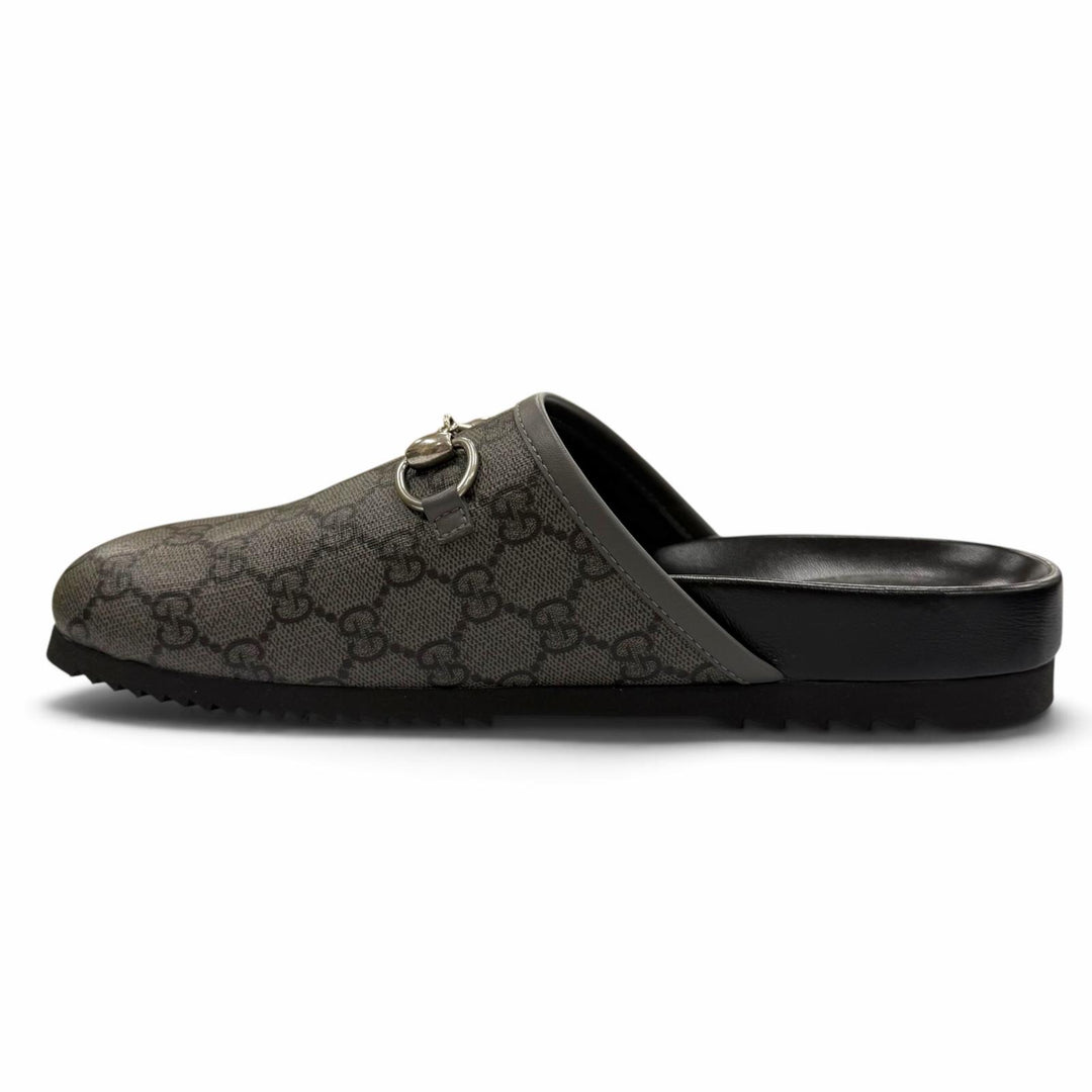 未使用品▼GUCCI グッチ 738964 GGスプリームキャンバス レザー ホースビット ミュール サンダル グレー 7 イタリア製 メンズ 箱付き